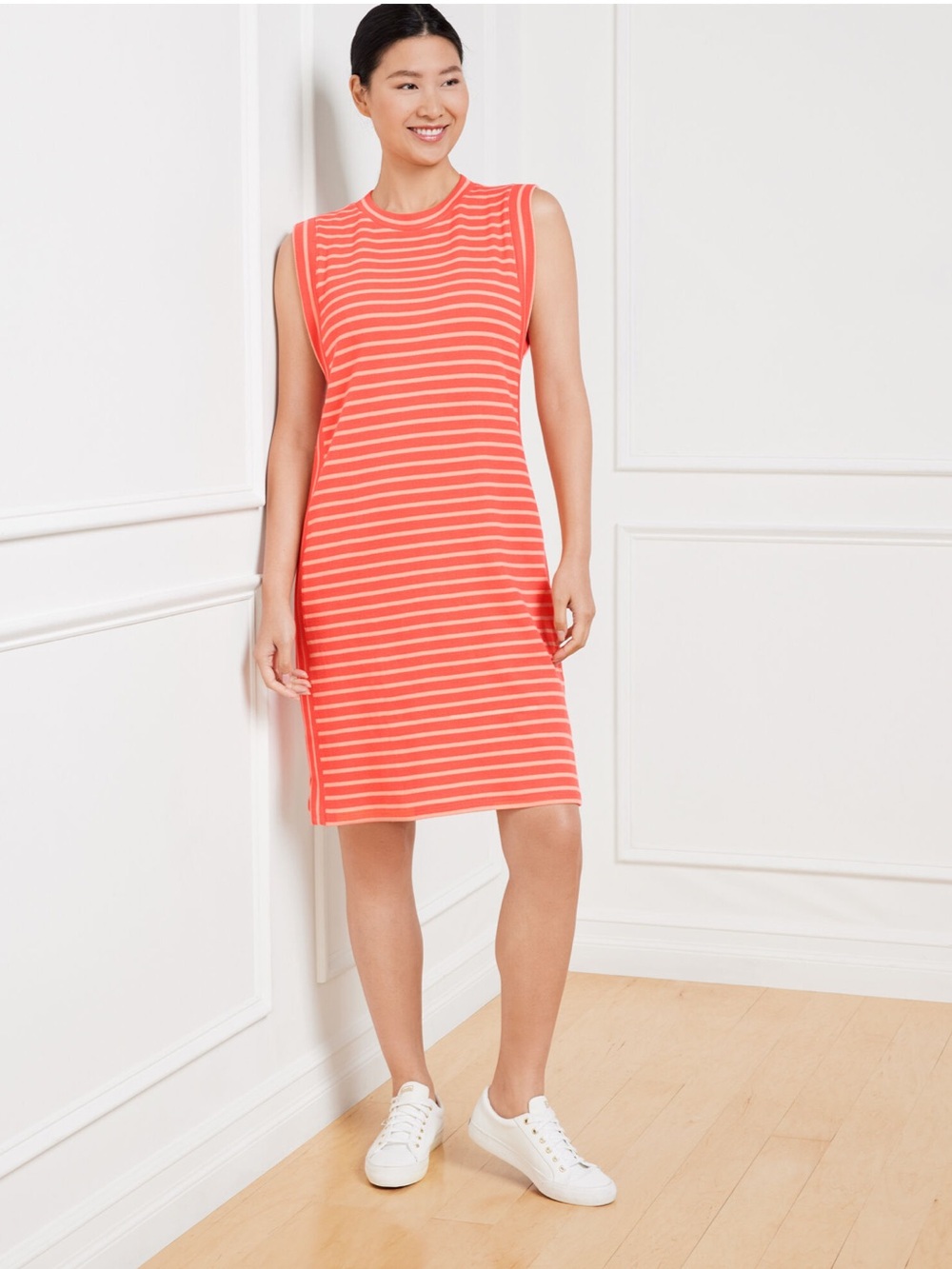 T by Talbots Coral Peach Act Striped Sleeveless Stretch Dress Women’s Size XL